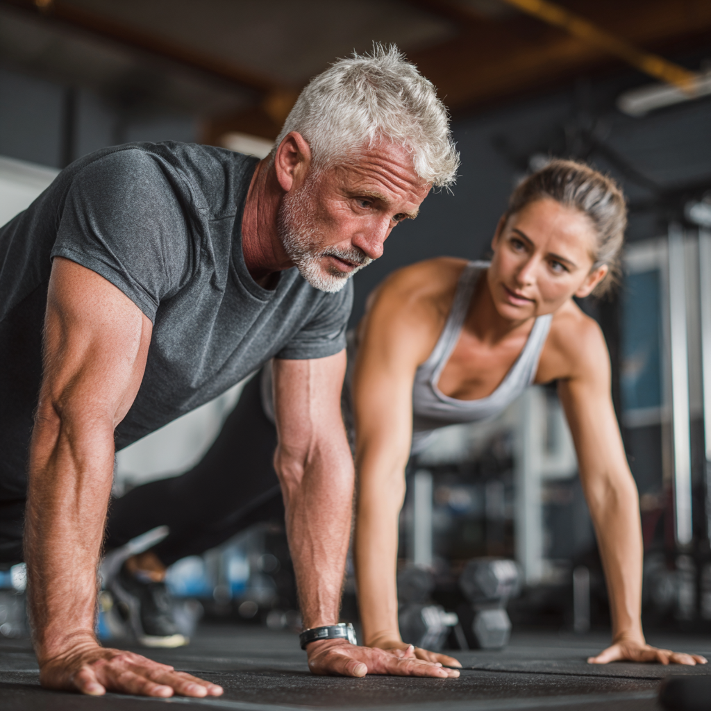 Мъж на 58 години прави персонална тренировка с професионален треньор в plarnetik фитнес център, фокус върху правилната техника