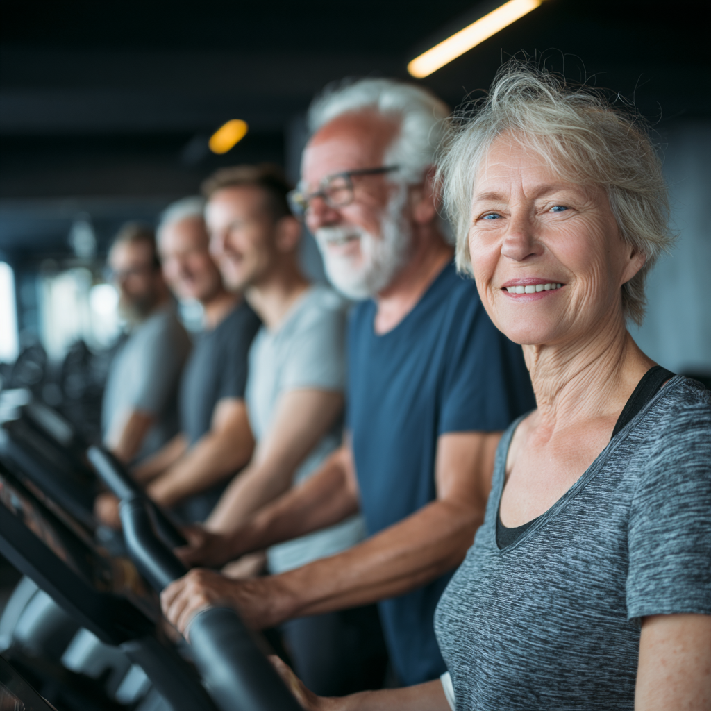 Група от петима фитнес ентусиасти на възраст 50-60 години упражняват заедно в съвременна спортна зала с разнообразно оборудване