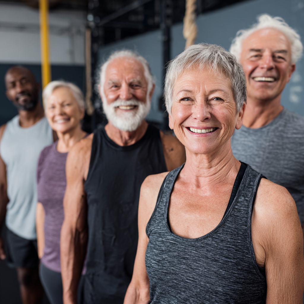 Група от шест души на възраст между 50-60 години правят групова тренировка в plarnetik, усмихнати и мотивирани