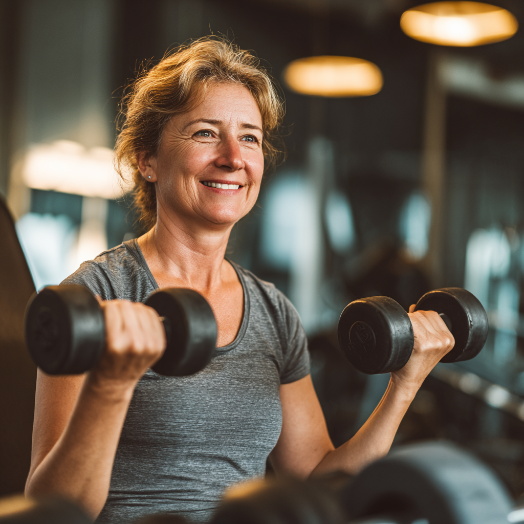 Усмихната жена на 55 години прави силова тренировка с дъмбели в модерен фитнес център, обградена от професионално оборудване